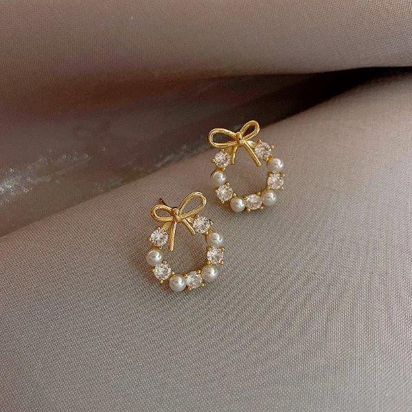 Cercei cu perle și cristale, fundiță elegantă 68D11C1330 - imagine 2