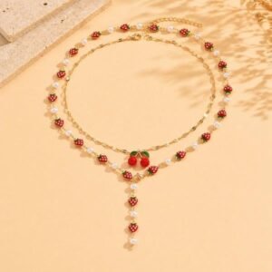 Set 2 coliere aurii cu cireșe, căpșuni și perle 71D13I1438