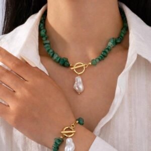 Set colier și brățară cu pietre verzi și perlă barocă 71D13S1429