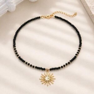 Colier choker cu mărgele negre și pandantiv soare, lună și stea 71D14O1434