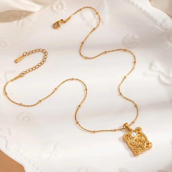 Colier Oțel Inoxidabil Pandantiv Dreptunghiular, Perlă și Cristal 72INX11C1582 - imagine 3